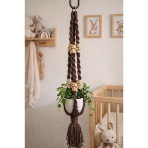 Vintage Macrame Plant Hanger Teddy Bear Beads Boho Decor Handmade 32in Hanging